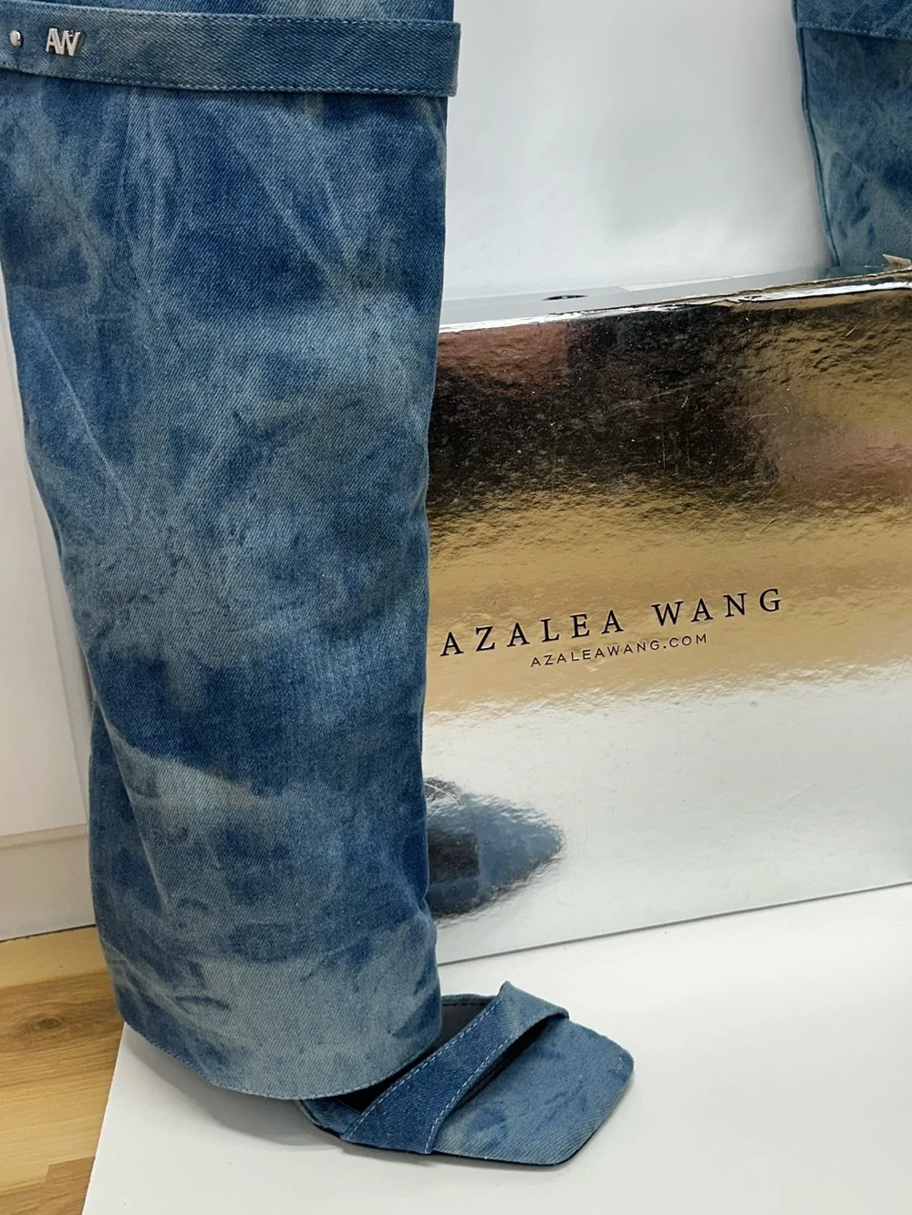 NIB Azalea Wang Marietta Denim Fold Over Open Toe Wedge Boots Tie Dye Size 9